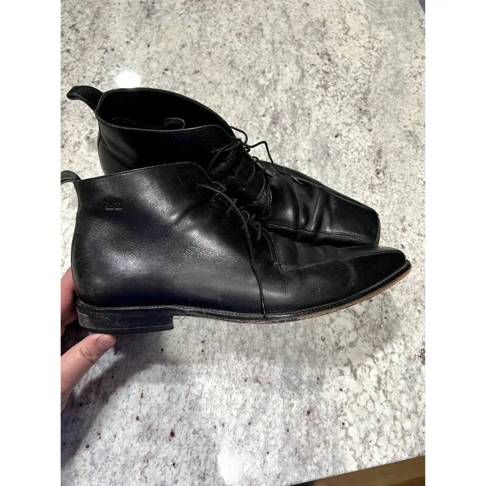 Hugo Boss Mens Black Leather Square Toe Chukka Boots Size 9 Lace Up Ankle‎ 10750